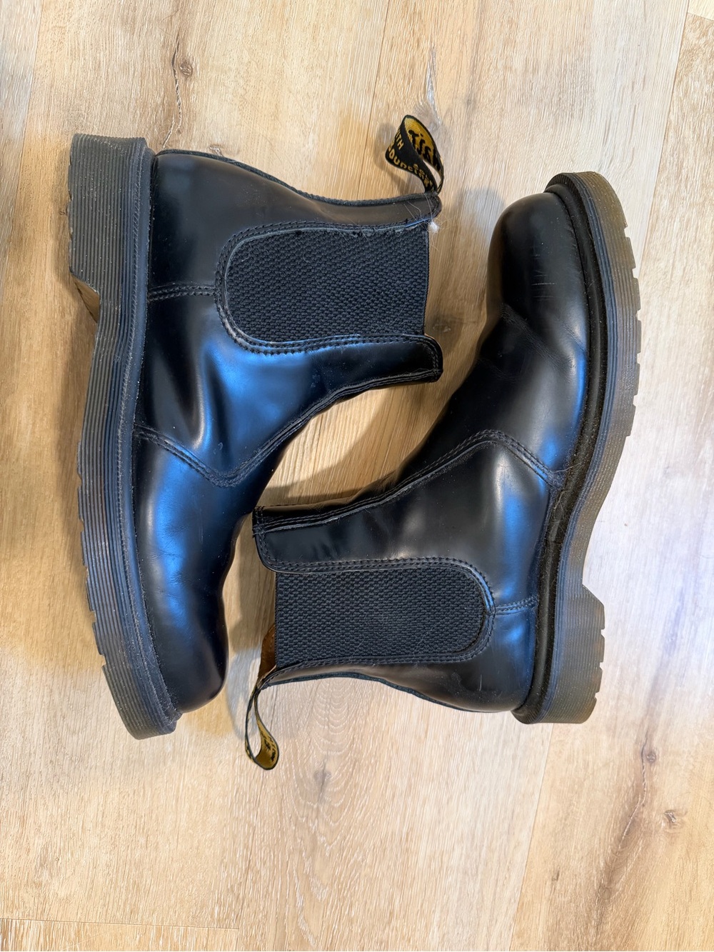 Dr. Martens Black Leather Chelsea Ankle Boots with Yellow Heel Loop